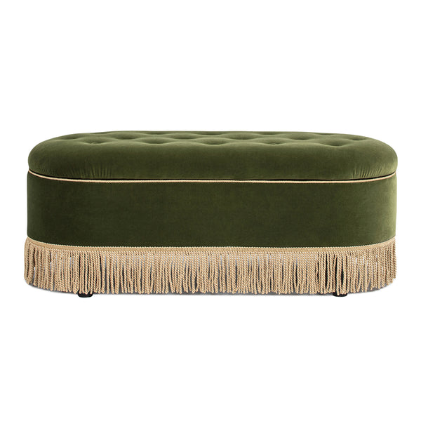 English Elm Jennifer Taylor Home - Melinda Oval Tufted Storage Bench with Bullion Fringe, Gold Velvet Upholstery, Vintage Charm Olive Green B2719P238472
