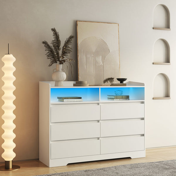 English Elm 6 Drawer Dresser with RGB LED Backlight, White Modern 6-Drawer Chest with Anti-Tip Kit for Bedroom W132166406