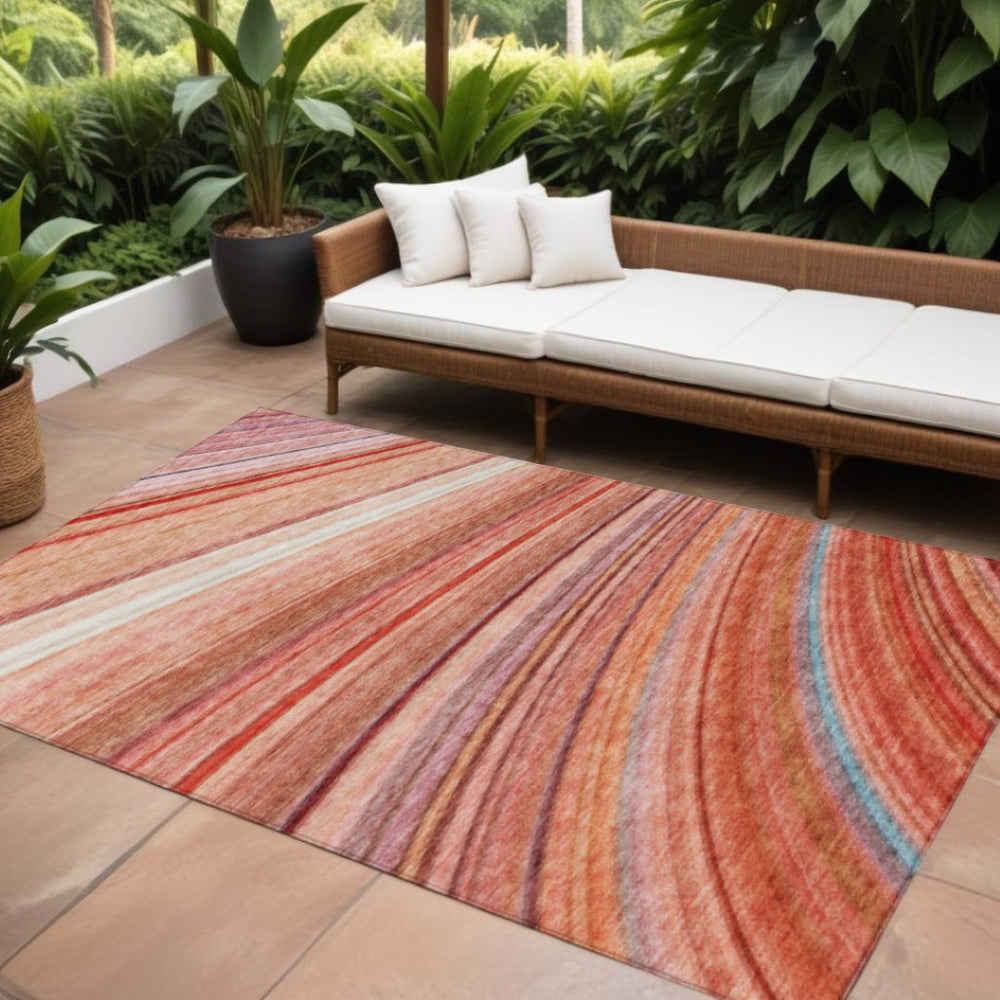 HomeRoots 9' Terra Cotta Salmon and Orange Striped Washable Area Rug for Indoor and Outdoor Living Spaces 9' X 12' 577353