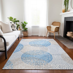 Homeroots 3' Stylish Ivory Blue And Taupe Polka Dot Washable Area Rug For Indoor And Outdoor Spaces 3' X 5' Polyester 577355