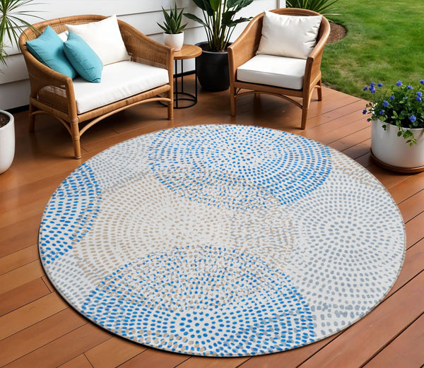 Homeroots 3' Stylish Ivory Blue And Taupe Polka Dot Washable Area Rug For Indoor And Outdoor Spaces 8' Round Polyester 577357