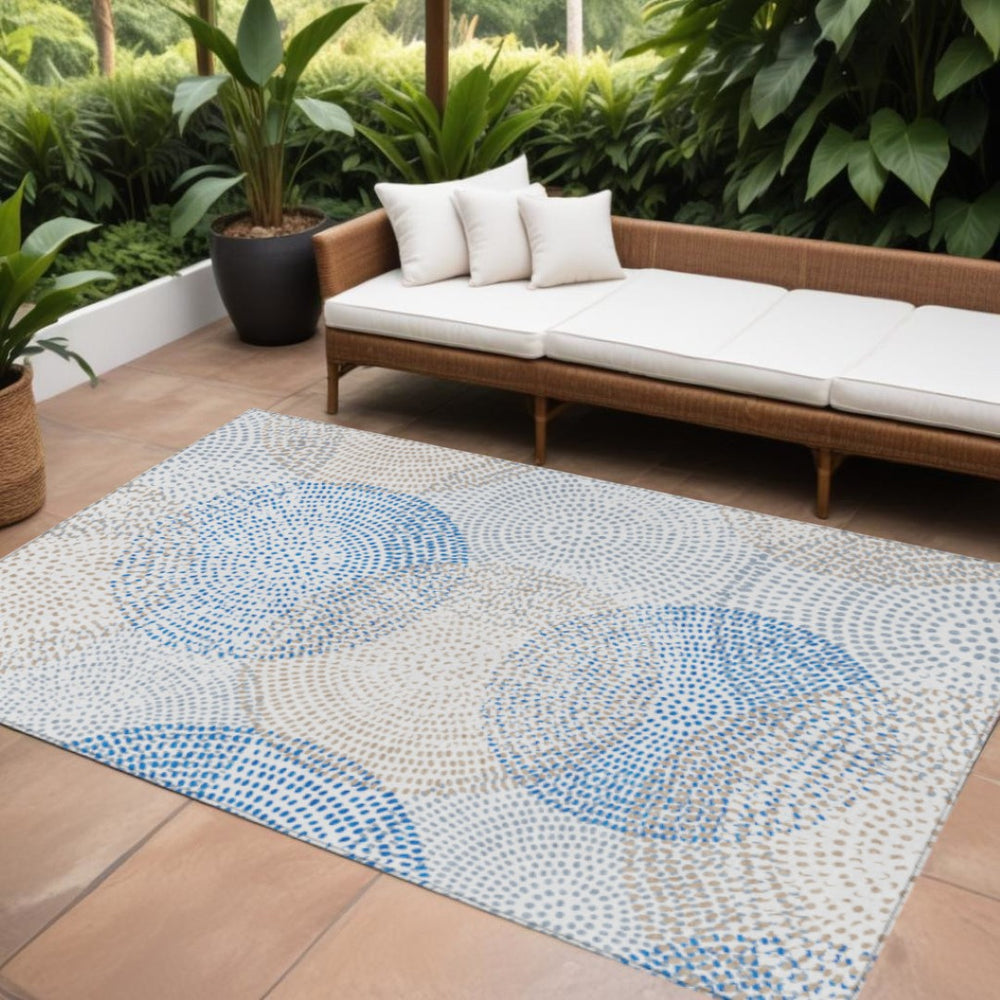 HomeRoots 5' Chic Polka Dot Washable Area Rug in Ivory Blue Taupe - Durable Indoor Outdoor Style for Any Room 10' X 14' 577360