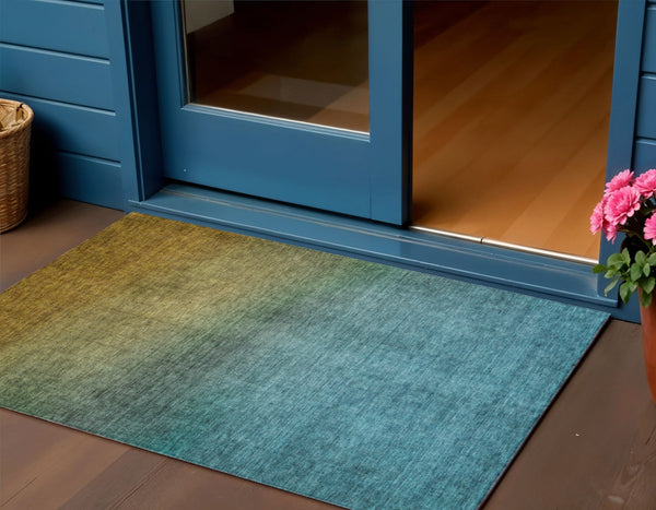 Homeroots 3' Brown Blue And Taupe Ombre Washable Area Rug - Durable, Stylish, Perfect For Indoor Outdoor Use 3' X 5' Polyester 577361