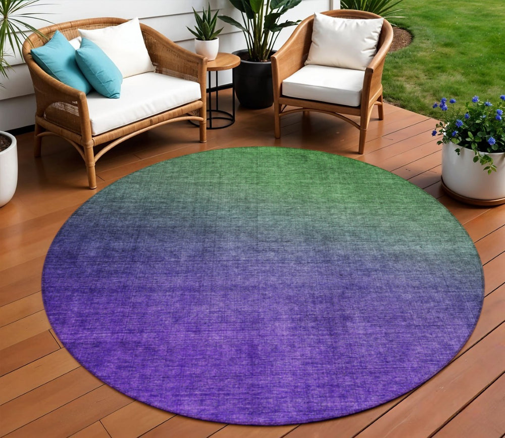 HomeRoots 5' Ombre Indoor Outdoor Area Rug in Green, Purple & Charcoal - Washable, Durable, Stylish Comfort 8' Round 577375