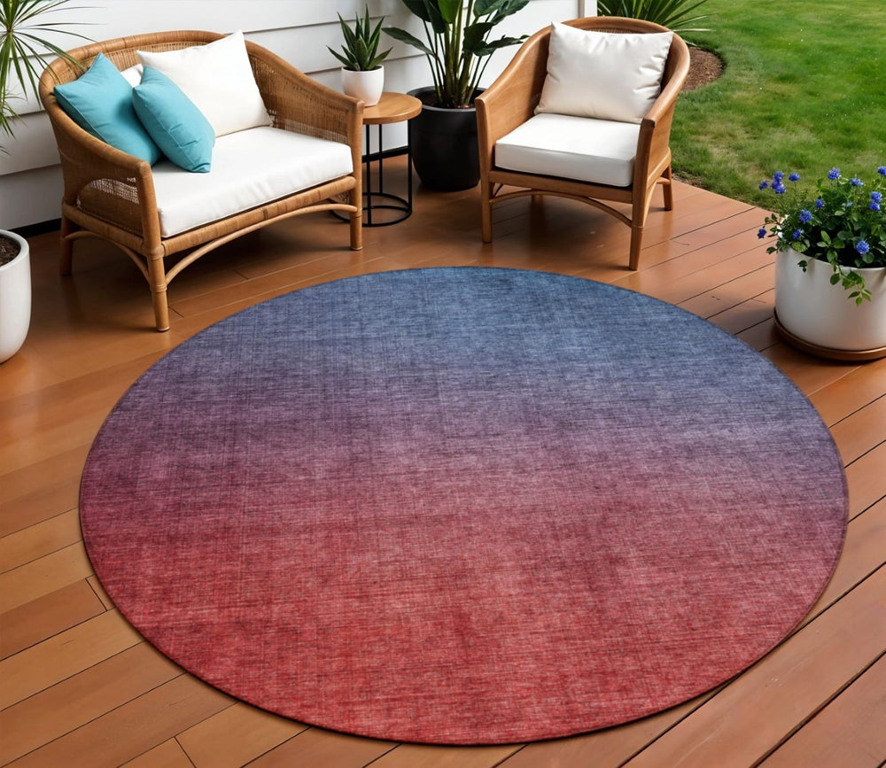 HomeRoots 5' Ombre Indoor Outdoor Area Rug in Navy Red Eggplant – Durable, Washable, and Stylish for Any Space 8' Round 577381