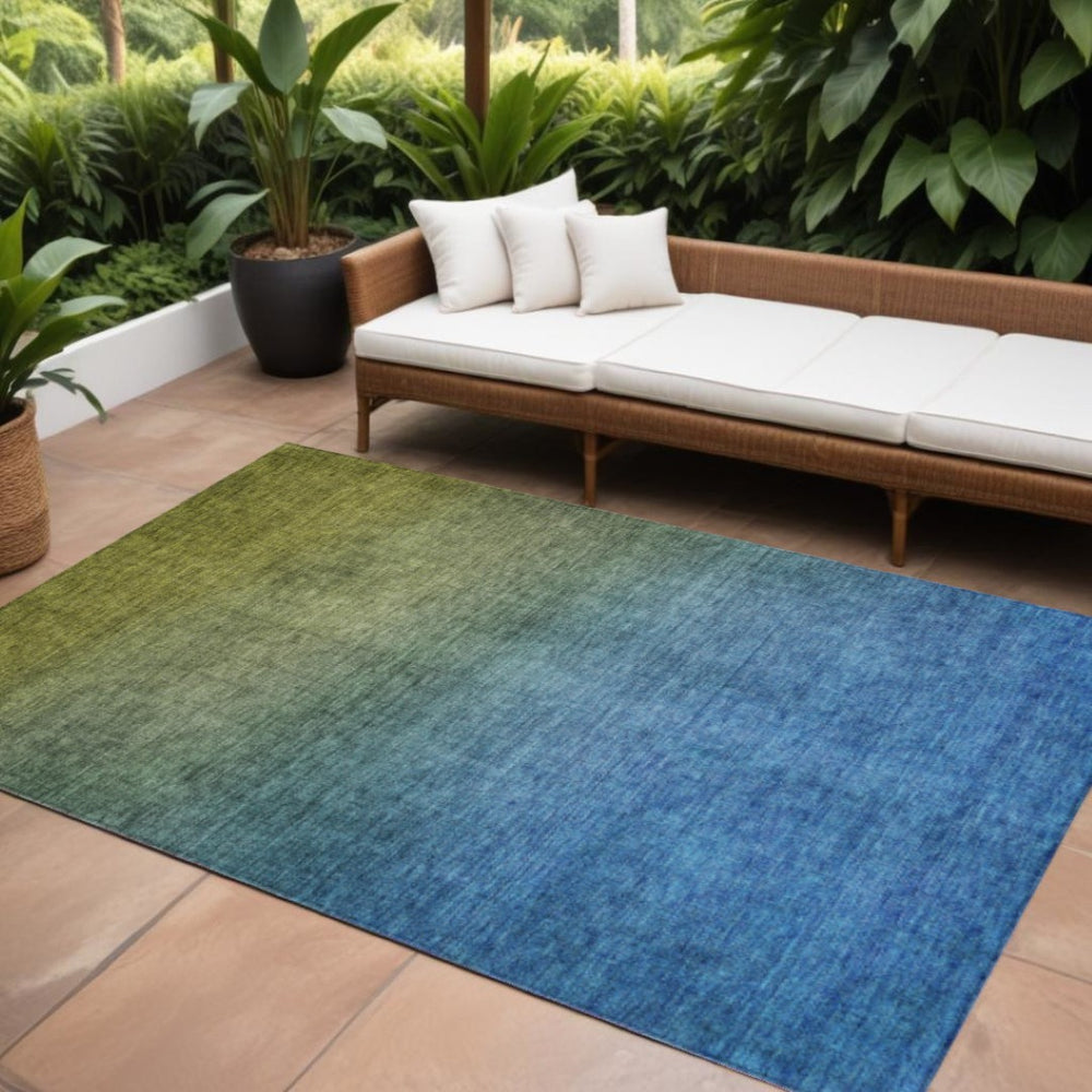 HomeRoots 5' Ombre Area Rug in Olive Green and Navy Blue - Durable, Washable, Indoor/Outdoor Design for Any Space 10' X 14' 577390