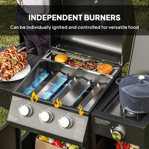 English Elm Portable Carbon Steel Gas Grill with Three Burners Warming Rack and Locking Wheels T3971P420844