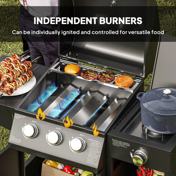 English Elm Portable Carbon Steel Gas Grill with Three Burners Warming Rack and Locking Wheels T3971P420844