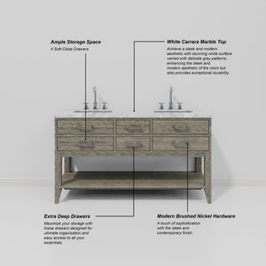 English Elm Grey Oak Double Bath Vanity With Carrara Marble Top, Soft-Close Drawers & Matching Mirrors, 65” W B2731S01637