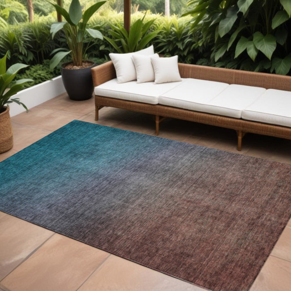 HomeRoots 5' Ombre Indoor Outdoor Area Rug – Durable, Washable Teal, Chocolate & Charcoal Design for Any Space 10' X 14' 577402