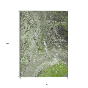 Homeroots 3' Stylish Artichoke Green & Ivory Abstract Washable Area Rug For Indoor & Outdoor Spaces 3' X 5' Polyester 577403