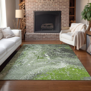 Homeroots 3' Stylish Artichoke Green & Ivory Abstract Washable Area Rug For Indoor & Outdoor Spaces 8' X 10' Polyester 577406