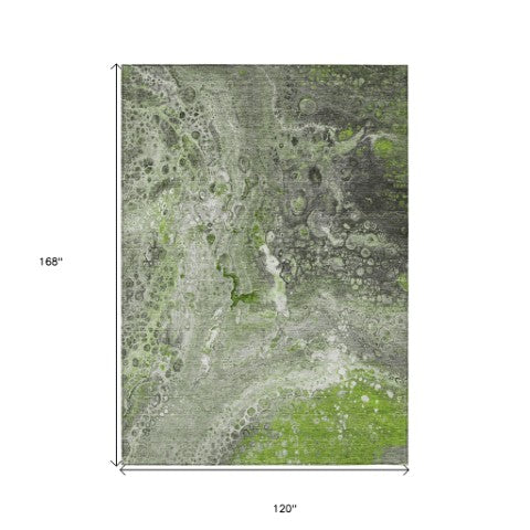 Homeroots 3' Stylish Artichoke Green & Ivory Abstract Washable Area Rug For Indoor & Outdoor Spaces 10' X 14' Polyester 577408