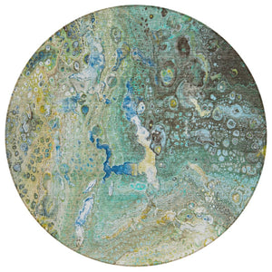 HomeRoots 5' Vibrant Teal Blue and Lime Green Abstract Washable Area Rug for Indoor and Outdoor Spaces 8' Round 577435