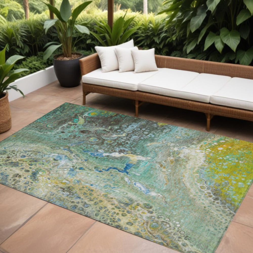HomeRoots 9' Teal Blue and Lime Green Abstract Washable Area Rug for Indoor and Outdoor Durability & Style 9' X 12' 577437