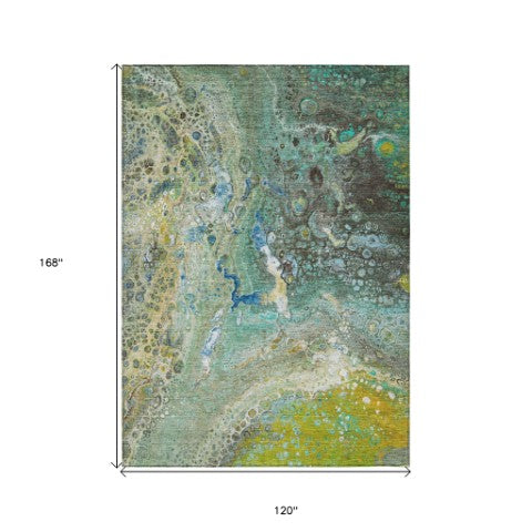 Homeroots 3' Stylish Artichoke Green & Ivory Abstract Washable Area Rug For Indoor & Outdoor Spaces 10' X 14' Polyester 577438