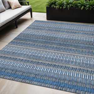 Homeroots 3' Denim Blue And Ivory Striped Washable Area Rug For Indoor Or Outdoor Use - Durable And Stylish 5' X 8' Polyester 577446