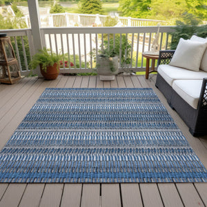 Homeroots 3' Denim Blue And Ivory Striped Washable Area Rug For Indoor Or Outdoor Use - Durable And Stylish 5' X 8' Polyester 577446