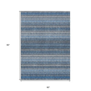 Homeroots 3' Denim Blue And Ivory Striped Washable Area Rug For Indoor Or Outdoor Use - Durable And Stylish 5' X 8' Polyester 577446