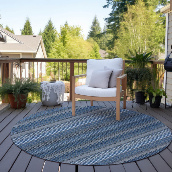 Homeroots 3' Denim Blue And Ivory Striped Washable Area Rug For Indoor Or Outdoor Use - Durable And Stylish 8' Round Polyester 577447