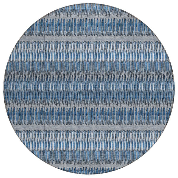 HomeRoots 5' Durable Denim Blue and Ivory Striped Indoor Outdoor Area Rug for Timeless Coastal Charm 8' Round 577447