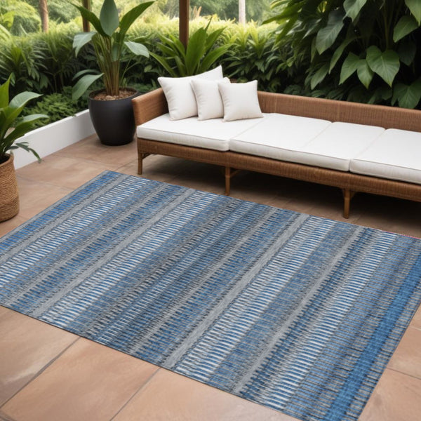 Homeroots 3' Denim Blue And Ivory Striped Washable Area Rug For Indoor Or Outdoor Use - Durable And Stylish 8' X 10' Polyester 577448