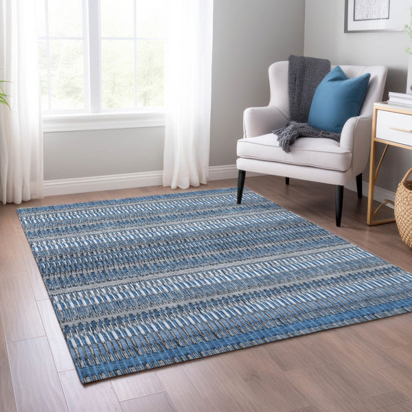 Homeroots 3' Denim Blue And Ivory Striped Washable Area Rug For Indoor Or Outdoor Use - Durable And Stylish 8' X 10' Polyester 577448