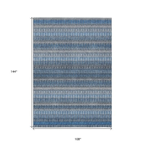 Homeroots 3' Denim Blue And Ivory Striped Washable Area Rug For Indoor Or Outdoor Use - Durable And Stylish 9' X 12' Polyester 577449