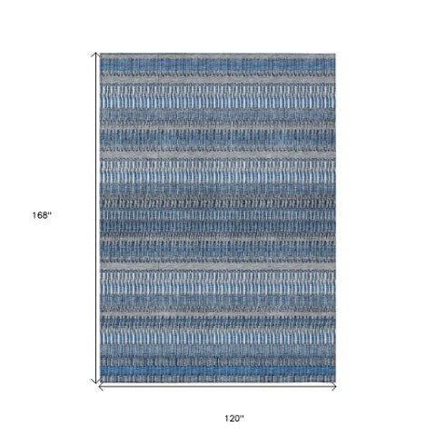 Homeroots 3' Denim Blue And Ivory Striped Washable Area Rug For Indoor Or Outdoor Use - Durable And Stylish 10' X 14' Polyester 577450