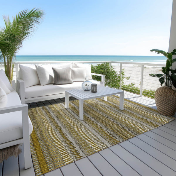 HomeRoots 5' Stylish Coffee and Taupe Striped Area Rug - Durable, Washable, Indoor/Outdoor Versatile Design 8' X 10' 577460