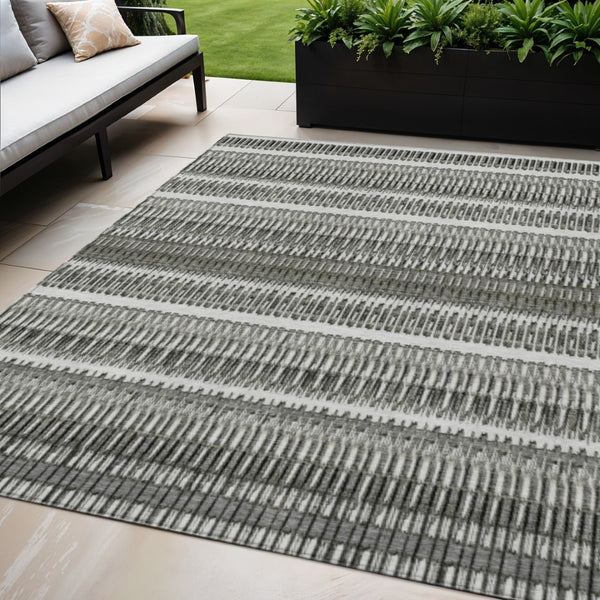 HomeRoots 5' Stylish Gray Charcoal and Ivory Striped Washable Area Rug for Indoor and Outdoor Living Spaces 5' X 8' 577464
