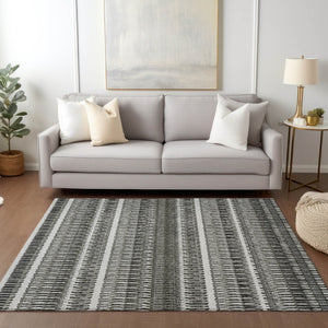 HomeRoots 5' Stylish Gray Charcoal and Ivory Striped Washable Area Rug for Indoor and Outdoor Living Spaces 5' X 8' 577464