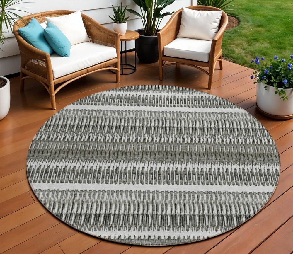 HomeRoots 5' Stylish Gray Charcoal and Ivory Striped Washable Area Rug for Indoor and Outdoor Living Spaces 8' Round 577465