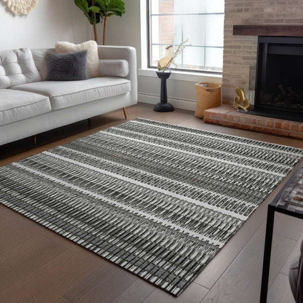 HomeRoots 9' Stylish Indoor Outdoor Area Rug - Durable Striped Gray and Ivory Design for All-Weather Use 9' X 12' 577467