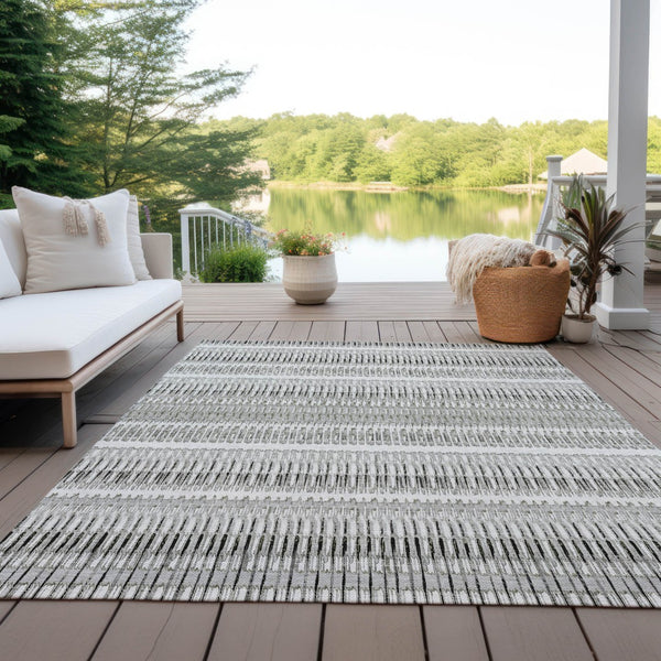 Homeroots 3' Denim Blue And Ivory Striped Washable Area Rug For Indoor Or Outdoor Use - Durable And Stylish 9' X 12' Polyester 577479