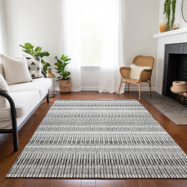 Homeroots 3' Denim Blue And Ivory Striped Washable Area Rug For Indoor Or Outdoor Use - Durable And Stylish 9' X 12' Polyester 577479