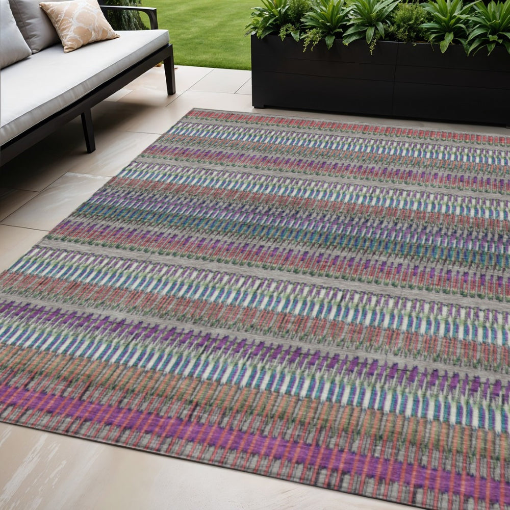 HomeRoots 5' Stylish Taupe, Purple & Blue Striped Indoor-Outdoor Area Rug – Durable, Washable, Non-Slip Design! 5' X 8' 577482