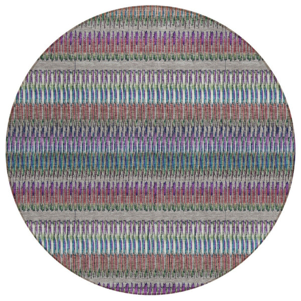 HomeRoots 5' Stylish Taupe, Purple & Blue Striped Indoor-Outdoor Area Rug – Durable, Washable, Non-Slip Design! 8' Round 577483