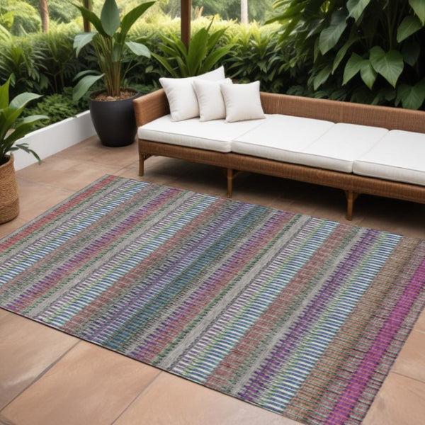 HomeRoots 5' Stylish Taupe, Purple & Blue Striped Indoor-Outdoor Area Rug – Durable, Washable, Non-Slip Design! 10' X 14' 577486