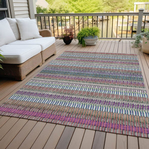 HomeRoots 5' Stylish Taupe, Purple & Blue Striped Indoor-Outdoor Area Rug – Durable, Washable, Non-Slip Design! 10' X 14' 577486