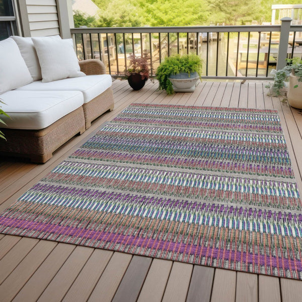 HomeRoots 5' Stylish Taupe, Purple & Blue Striped Indoor-Outdoor Area Rug – Durable, Washable, Non-Slip Design! 10' X 14' 577486