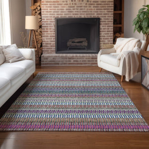 HomeRoots 5' Stylish Taupe, Purple & Blue Striped Indoor-Outdoor Area Rug – Durable, Washable, Non-Slip Design! 10' X 14' 577486