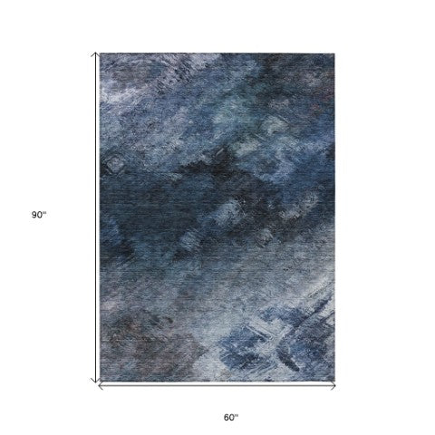 Homeroots 3' Add A Touch Of Elegance With A Navy Blue Abstract Washable Area Rug For Indoor Or Outdoor Use 5' X 8' Polyester 577488