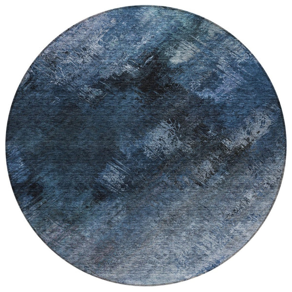 HomeRoots 5' Stylish Navy and Denim Blue Abstract Washable Area Rug for Indoor and Outdoor High-Traffic Use 8' Round 577489