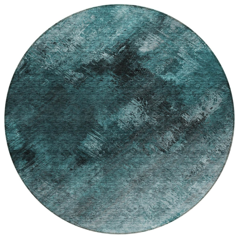 HomeRoots 5' Teal Blue Abstract Washable Area Rug for Indoor and Outdoor Use – Stylish, Durable, Low-Maintenance 8' Round 577531
