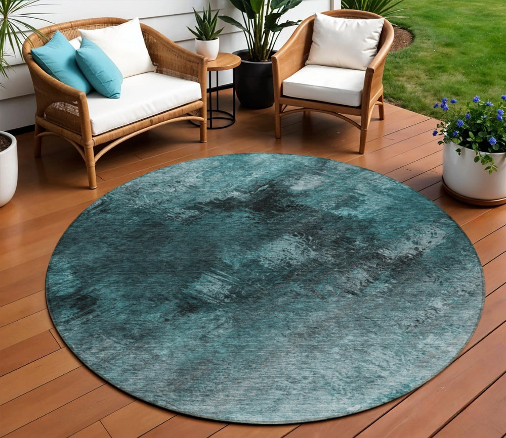 HomeRoots 5' Teal Blue Abstract Washable Area Rug for Indoor and Outdoor Use – Stylish, Durable, Low-Maintenance 8' Round 577531