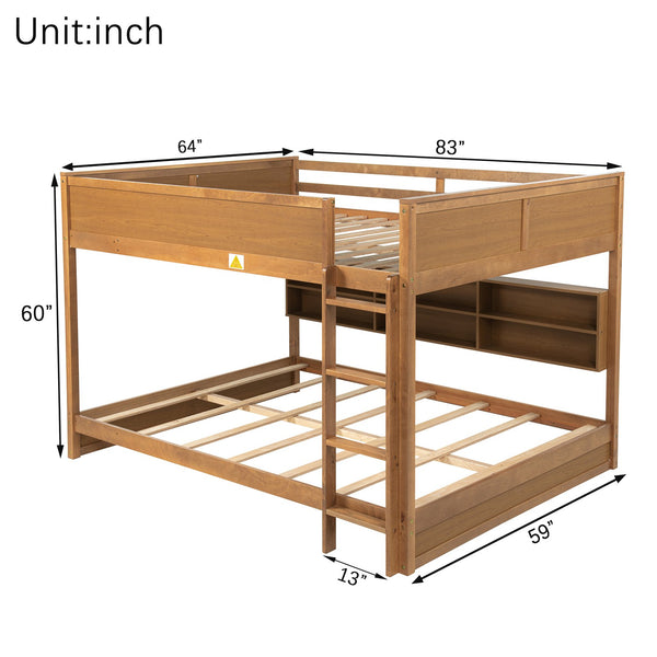 English Elm Queen Over Queen Floor Bunk Bed with Built-In Storage Shelves, USB Charging Station, Solid Pine Frame, Safety Rails and LadderDesigned for Space Saving and Modern Bedrooms Wheat W504S00259