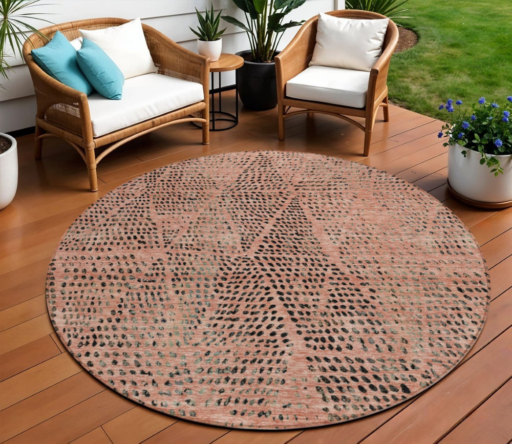 HomeRoots 5' Contemporary Salmon and Charcoal Geometric Area Rug - Washable, Stain-Resistant, Indoor/Outdoor Use 8' Round 577591