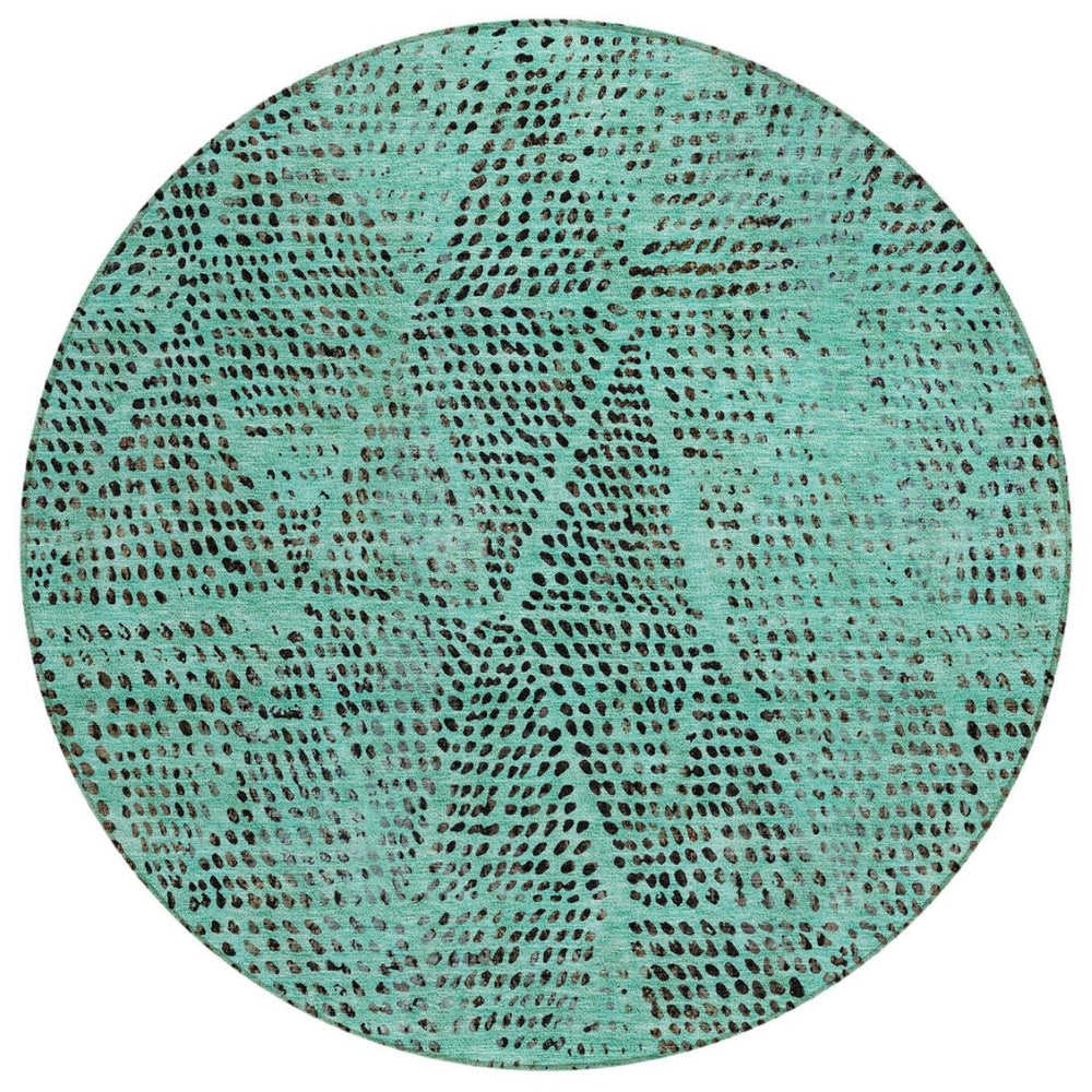 HomeRoots 5' Stylish Teal Blue and Charcoal Geometric Area Rug – Washable, Stain-Resistant for Indoor/Outdoor Use 8' Round 577603