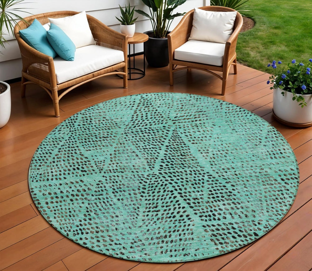 HomeRoots 5' Stylish Teal Blue and Charcoal Geometric Area Rug – Washable, Stain-Resistant for Indoor/Outdoor Use 8' Round 577603
